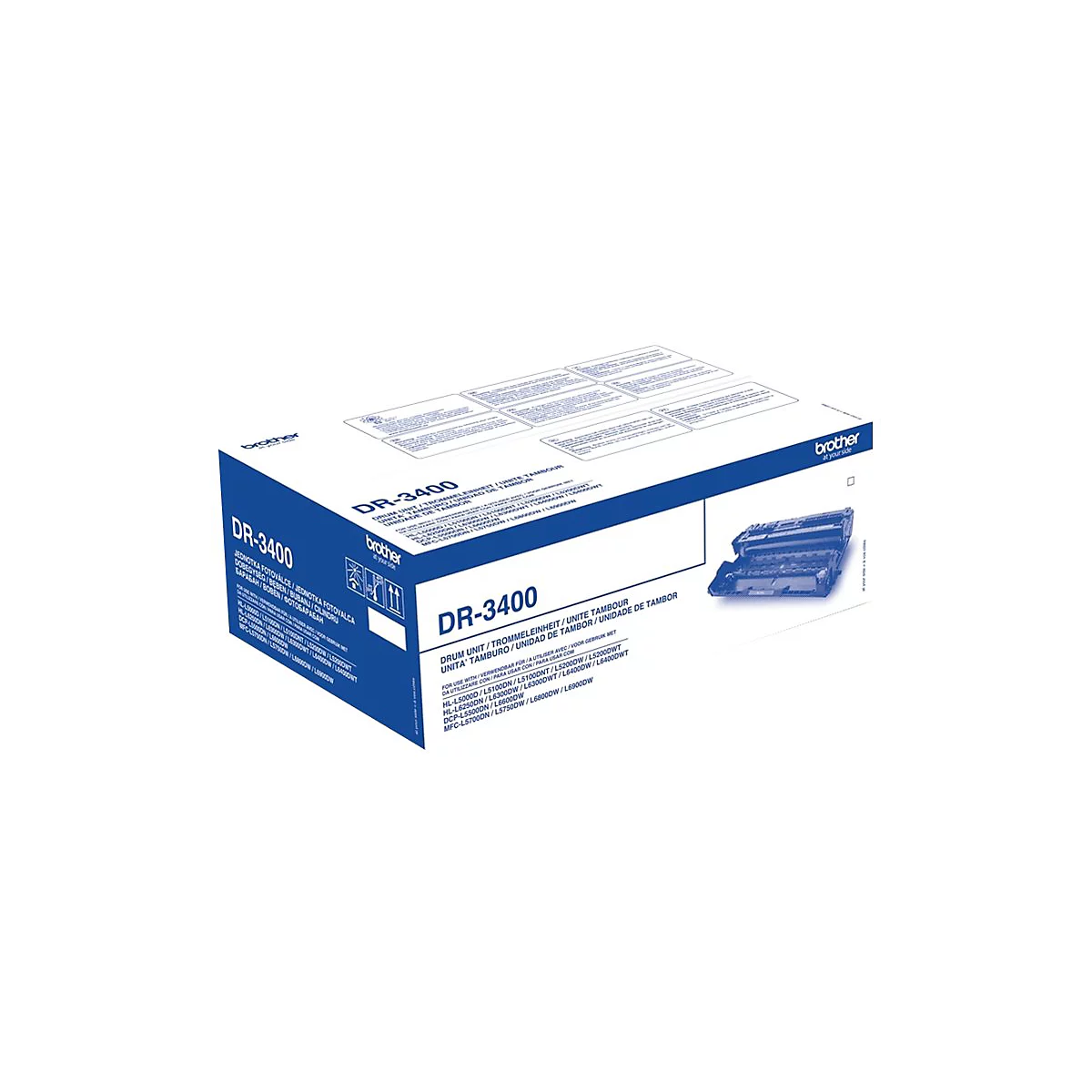 Brother DR-3400 Trommeleinheit in blauer Originalverpackung vor weißem Hintergrund.
