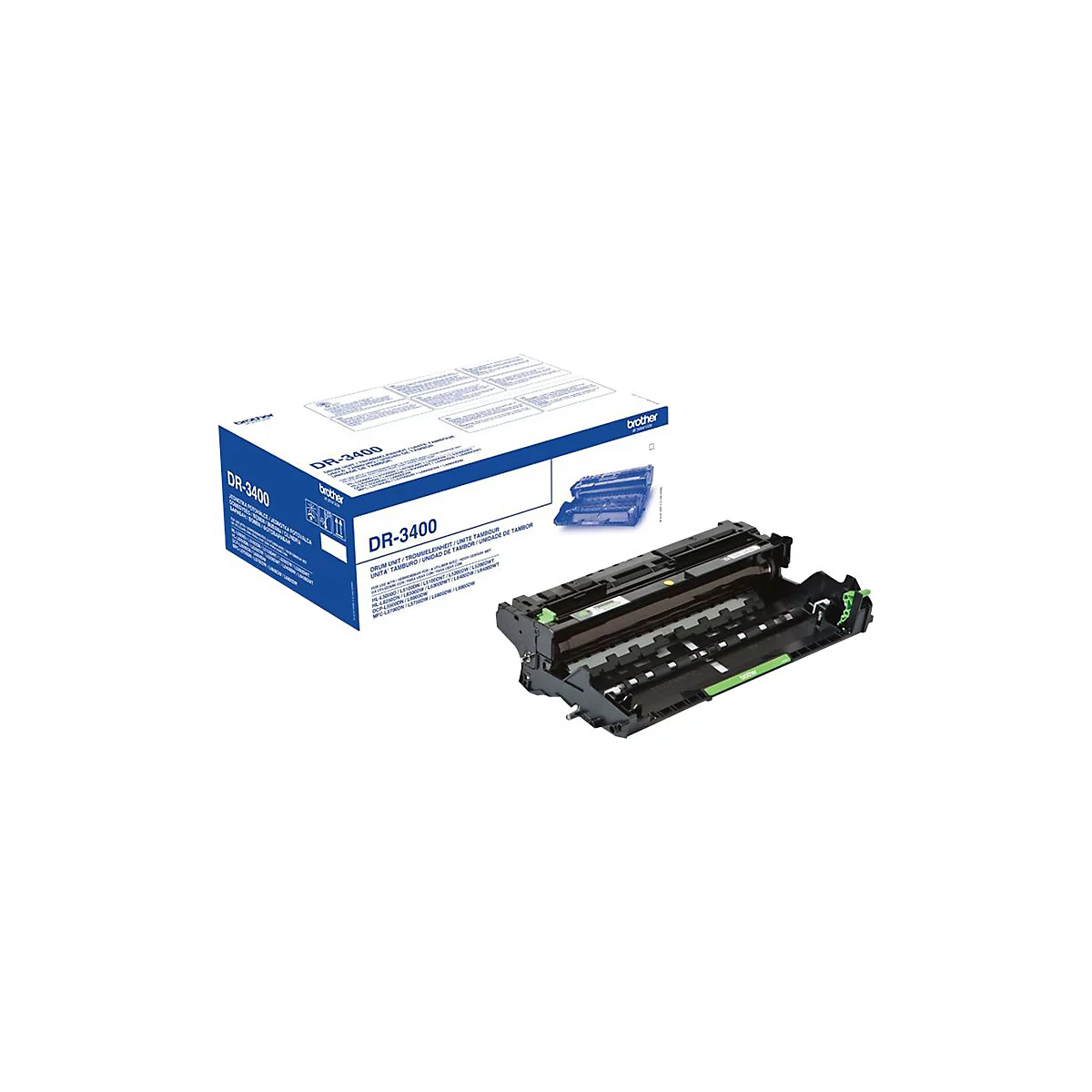 Brother DR-3400 Trommeleinheit vor der Originalverpackung auf weißem Hintergrund.
