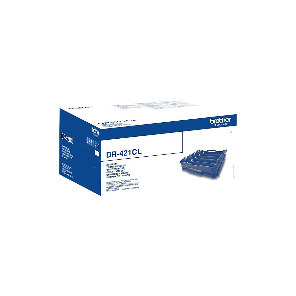 Eine Produktabbildung der Trommeleinheit DR-421CL von Brother. Auf der Verpackung steht DR-421CL und Brother.