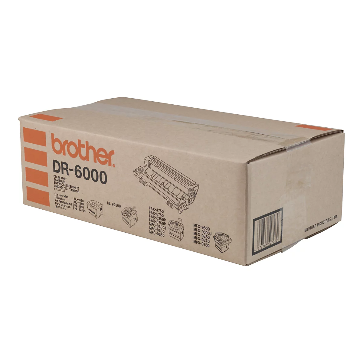 Brauner Brother DR-6000 Trommeleinheit-Karton mit Produktbeschriftung und Kompatibilitätsliste auf weißem Grund.