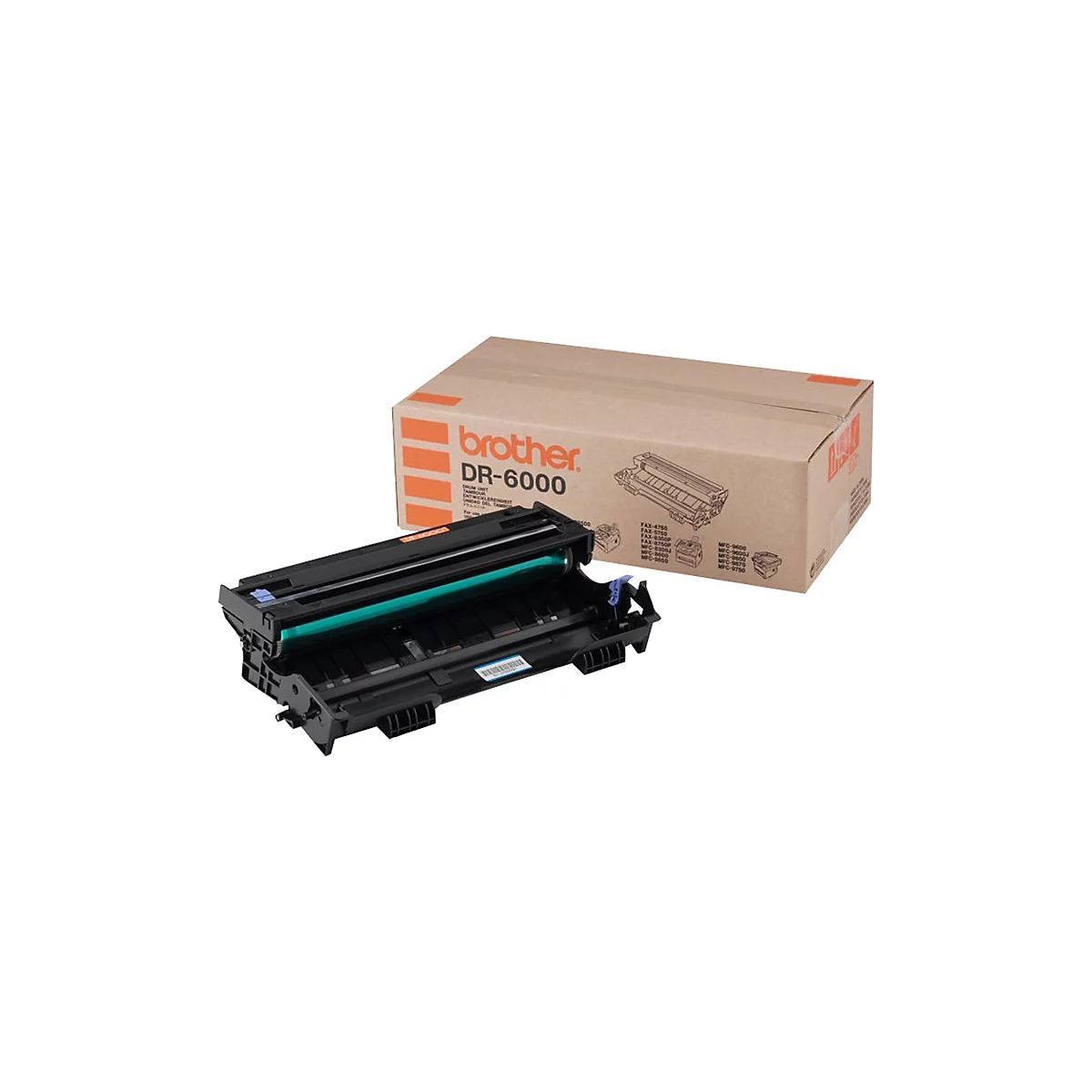 Schwarze Brother DR-6000 Trommeleinheit vor der zugehörigen braunen Produktverpackung auf weißem Hintergrund.