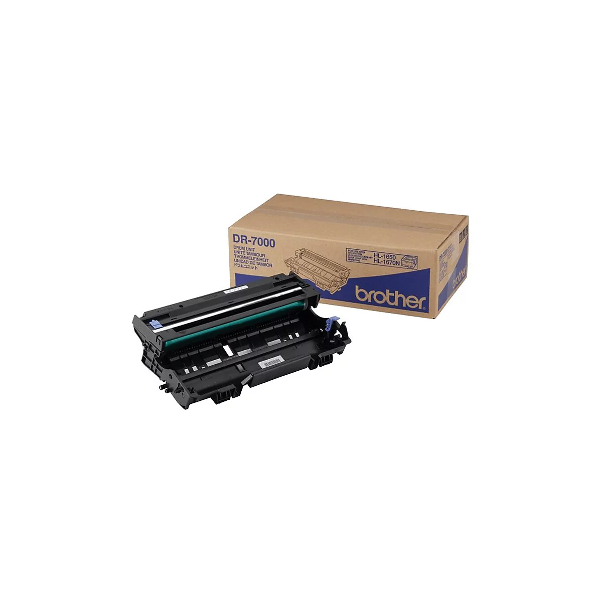 Schwarze Trommeleinheit DR-7000 mit Verpackung von Brother. Aufdrucke wie DRUM UNIT und HL-1650/1670N.