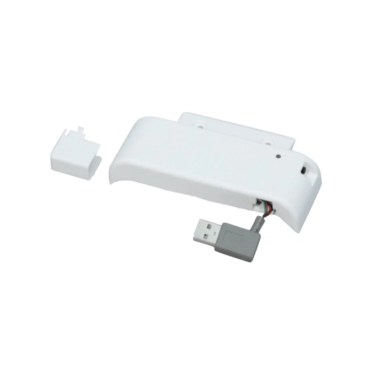 Weißes, elektronisches Gerät mit USB-Kabel, offenem Gehäuse und abnehmbarer Abdeckung.