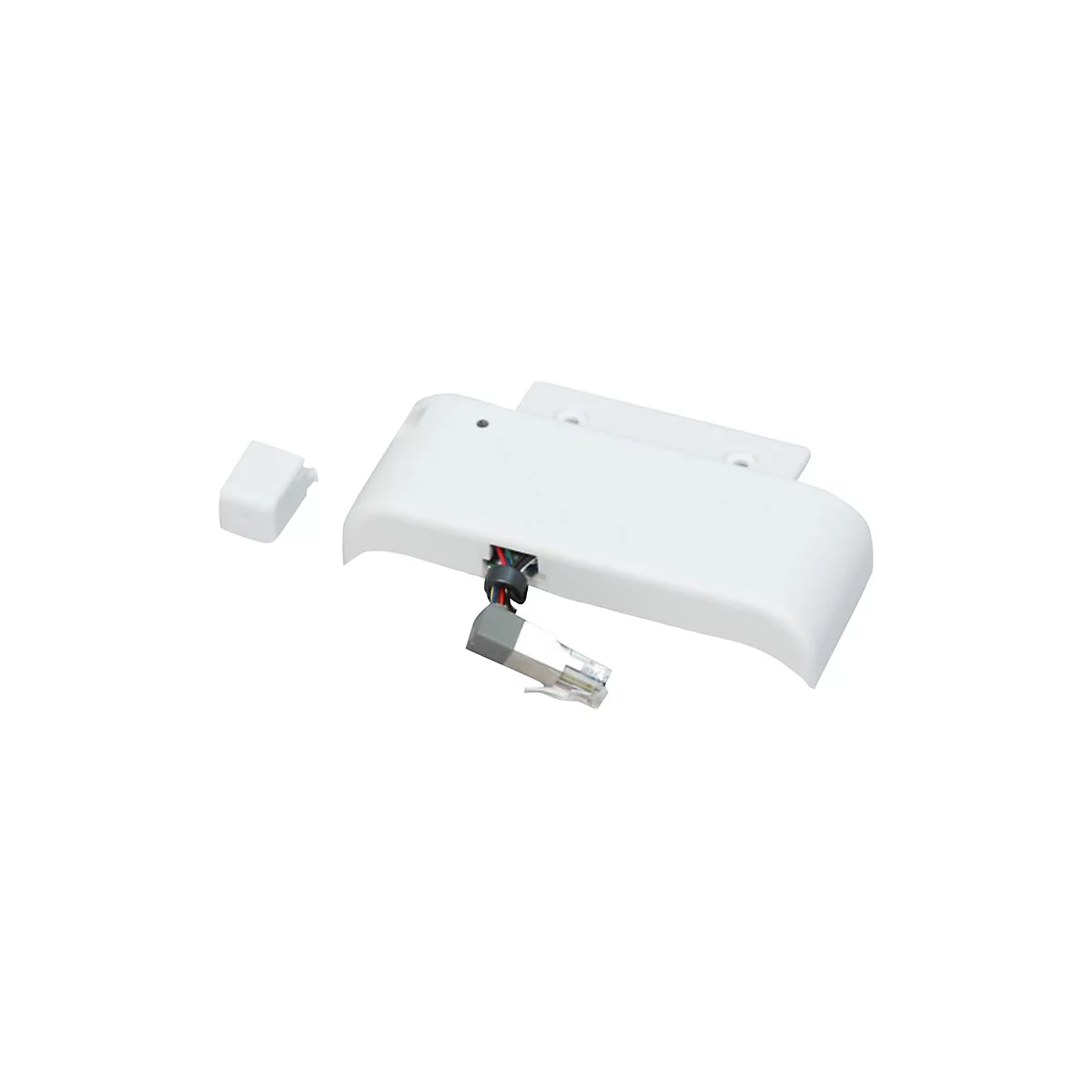 Weißes, gebogenes elektronisches Bauteil mit einem abgetrennten Deckel, Kabeln und einem Stecker.