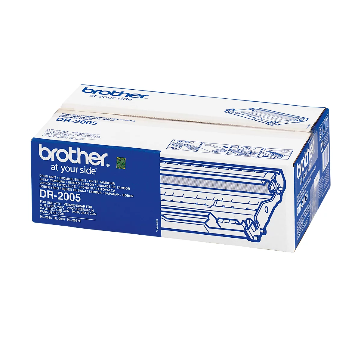 A white box with a blue print from Brother, lettering 'DR-2005'. The box contains a drum unit.