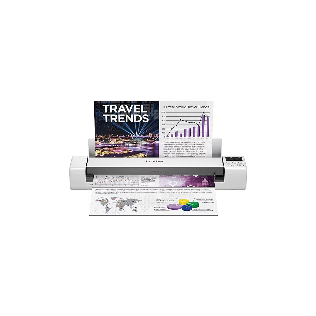 Un scanner blanc numérise des documents avec des graphiques et du texte, dont "TRAVEL TRENDS".