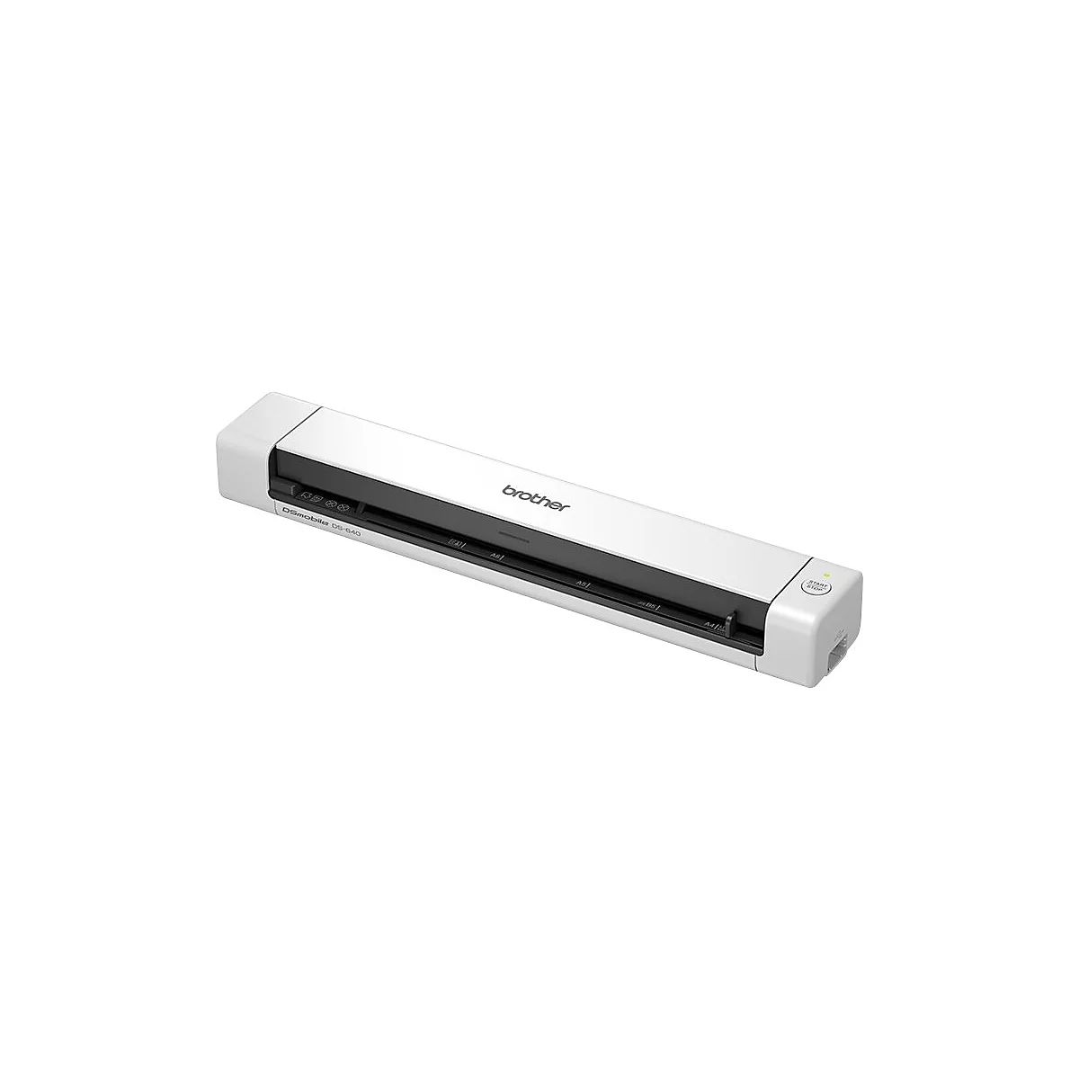 Weißer Brother-Scanner mit schwarzem Schlitz und Logo. Aufschrift: DS-640. Ein Start-Button ist sichtbar.