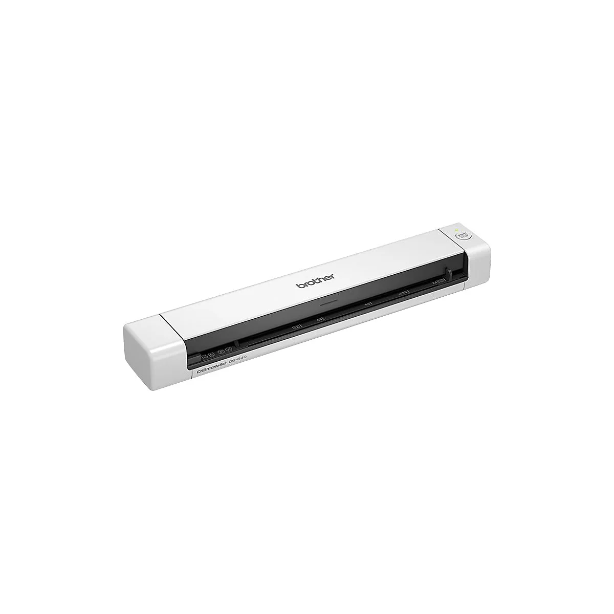 Weißer Brother-Scanner, länglich, mit schwarzem Einzugsbereich. Aufschrift Brother, Modellbezeichnung DS-640, Start/Stop-Knopf.