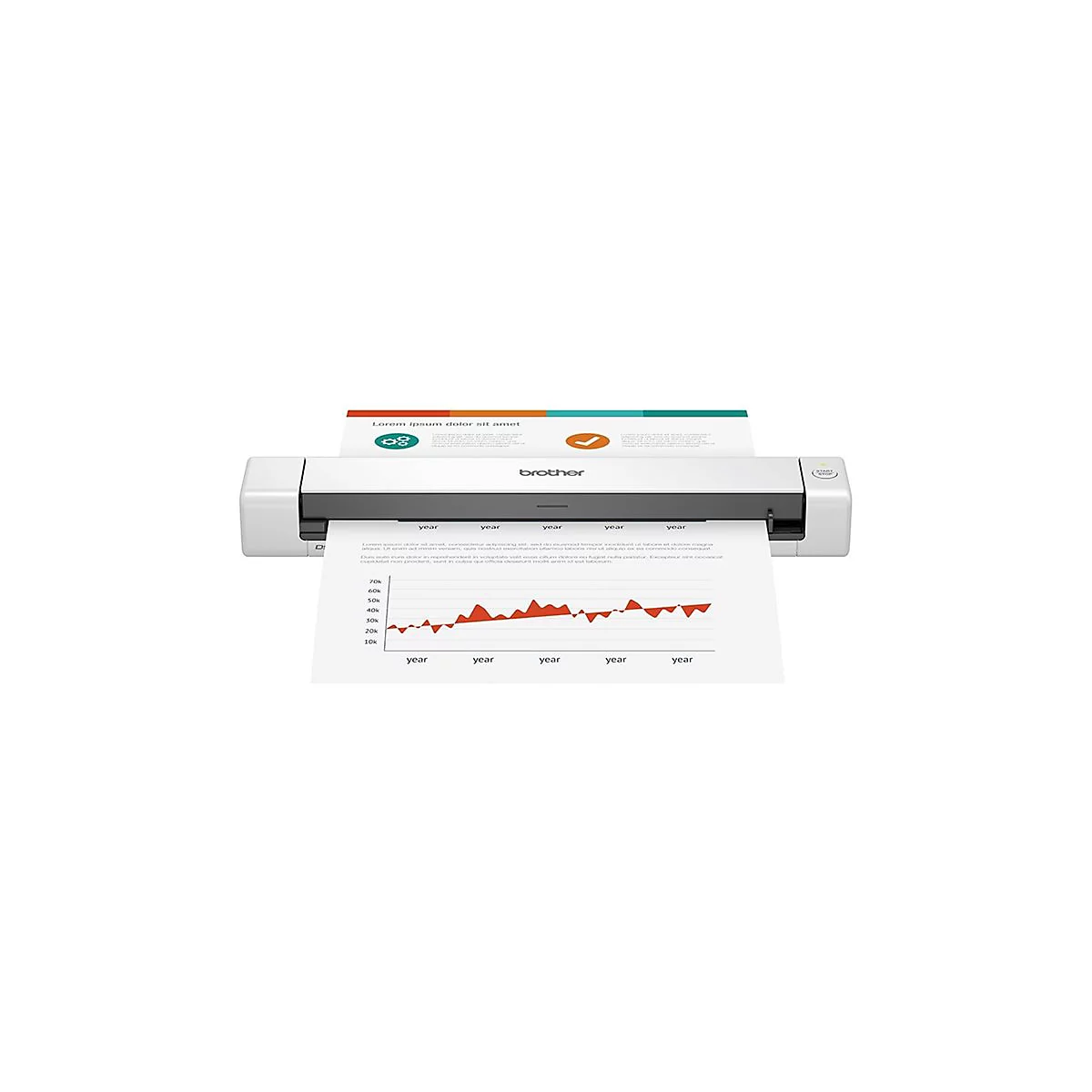 Weißer Scanner von Brother mit eingelegtem Papier. Oben liegen zwei weitere Blätter, auf denen ein Diagramm zu sehen ist.
