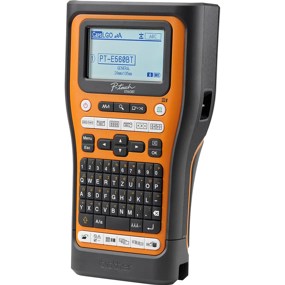 Handbeschriftungsgerät Brother P-touch E560BT in Schwarz und Orange mit QWERTZ-Tastatur und LC-Display.
