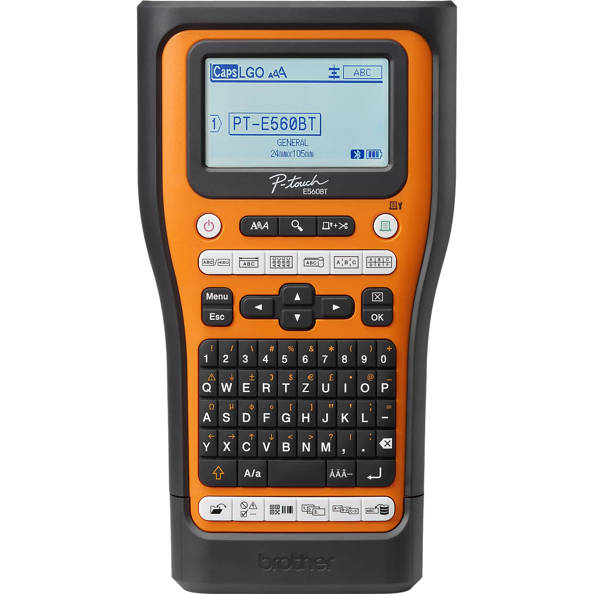 Handbeschriftungsgerät Brother P-touch E560BT in Orange und Schwarz mit Display und QWERTZ-Tastatur.