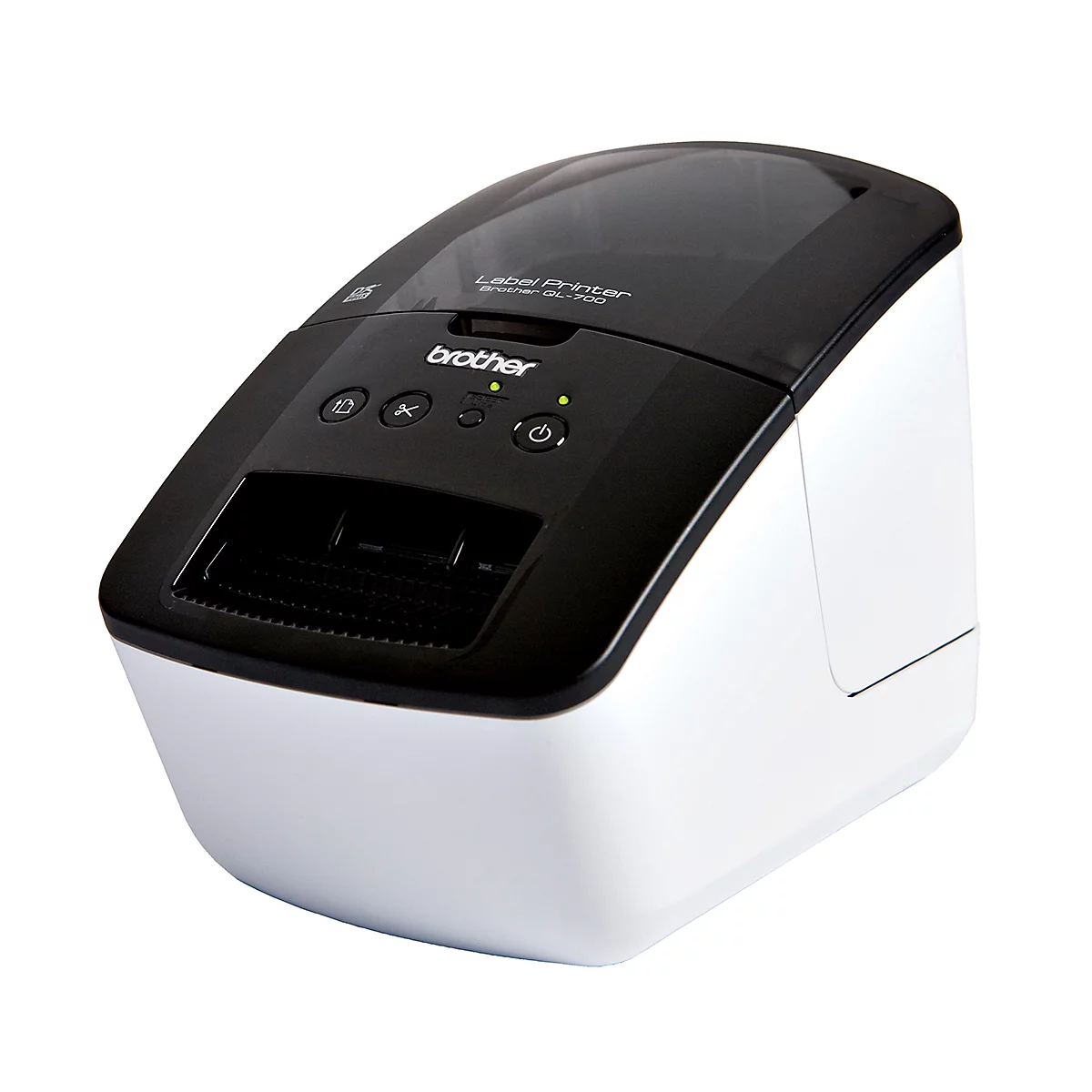 Ein schwarzer Brother Etikettendrucker mit weisser Basis. Oben befinden sich Bedienknöpfe und eine transparente Abdeckung.