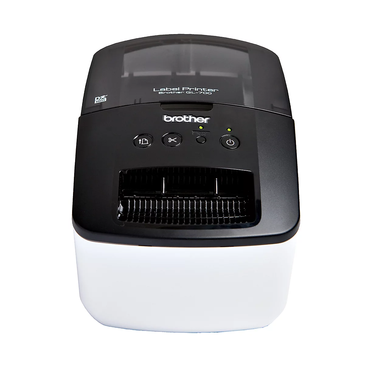 Ein Etikettendrucker von Brother, schwarz-weiss. Oben schwarz mit Bedienknöpfen, unten weiss. Schriftzug Brother.