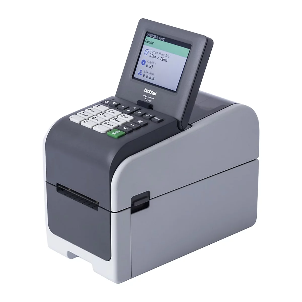 Ein Etikettendrucker in Schwarz und Weiß. Das Display zeigt eine Liste von Vorlagen, die per Tastatur ausgewählt werden können.