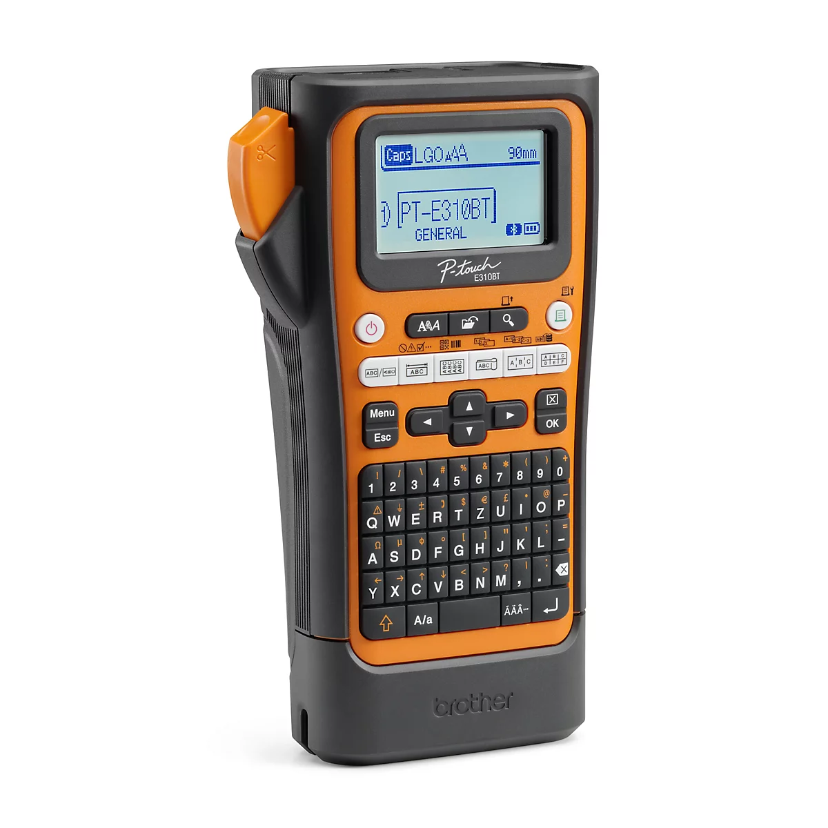 Oranje en zwarte labelprinter met display en toetsenbord. Op het display staat "PT-E310BT".