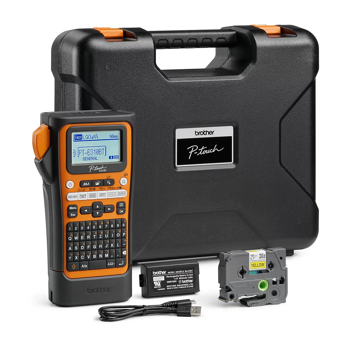 Een oranje en zwarte labelprinter met accessoires zoals een batterij en tape. "P-Touch" staat op de zwarte doos.