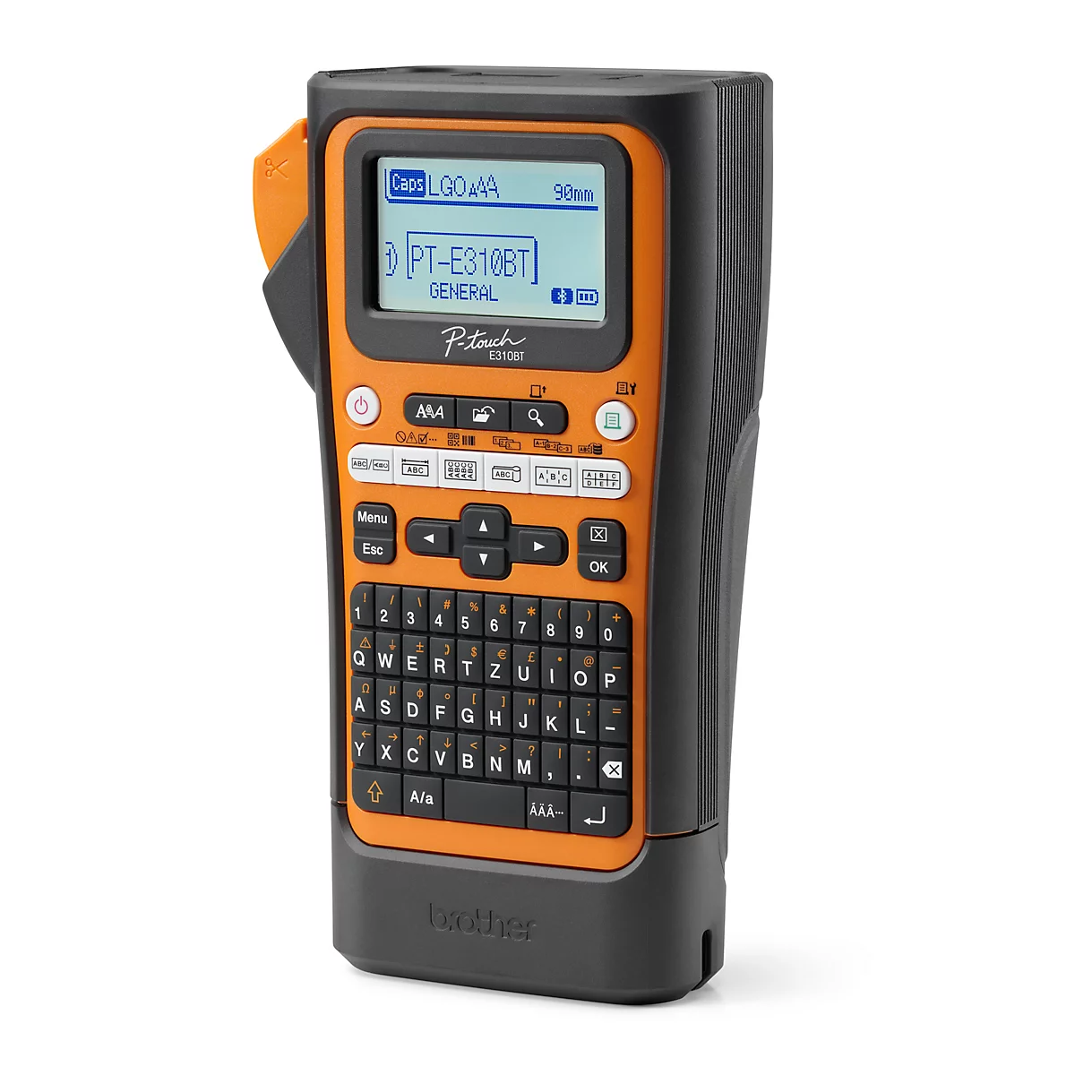 Een oranje en zwarte labelmaker met toetsen en een klein scherm.