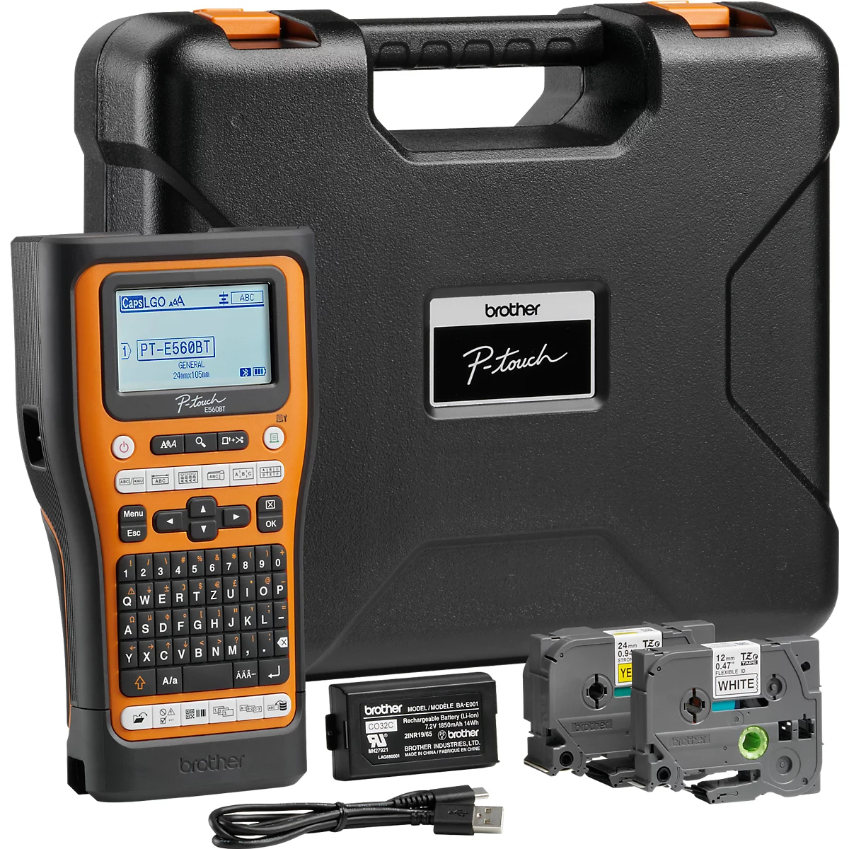 Oranje en zwarte Brother P-touch labelprinter met accessoires zoals batterij, linten en koffer.