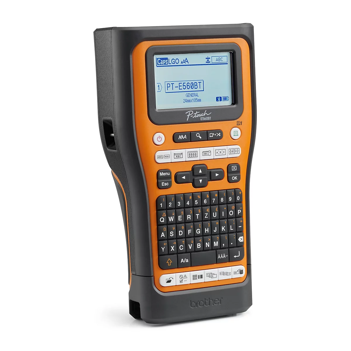 Een zwart, oranje en grijze labelmaker met een scherm en toetsenbord. Op het scherm staat "PT-E560BT."