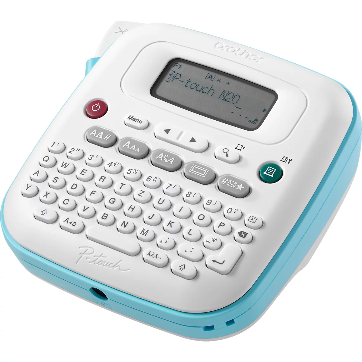 Een wit en blauw labelmaker met toetsenbord en display. Het display geeft "P-touch 120" weer.