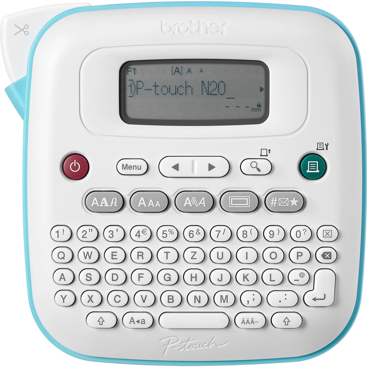 Wit en lichtblauwe labelprinter met een scherm en toetsenbord. Het scherm toont "P-touch N20".