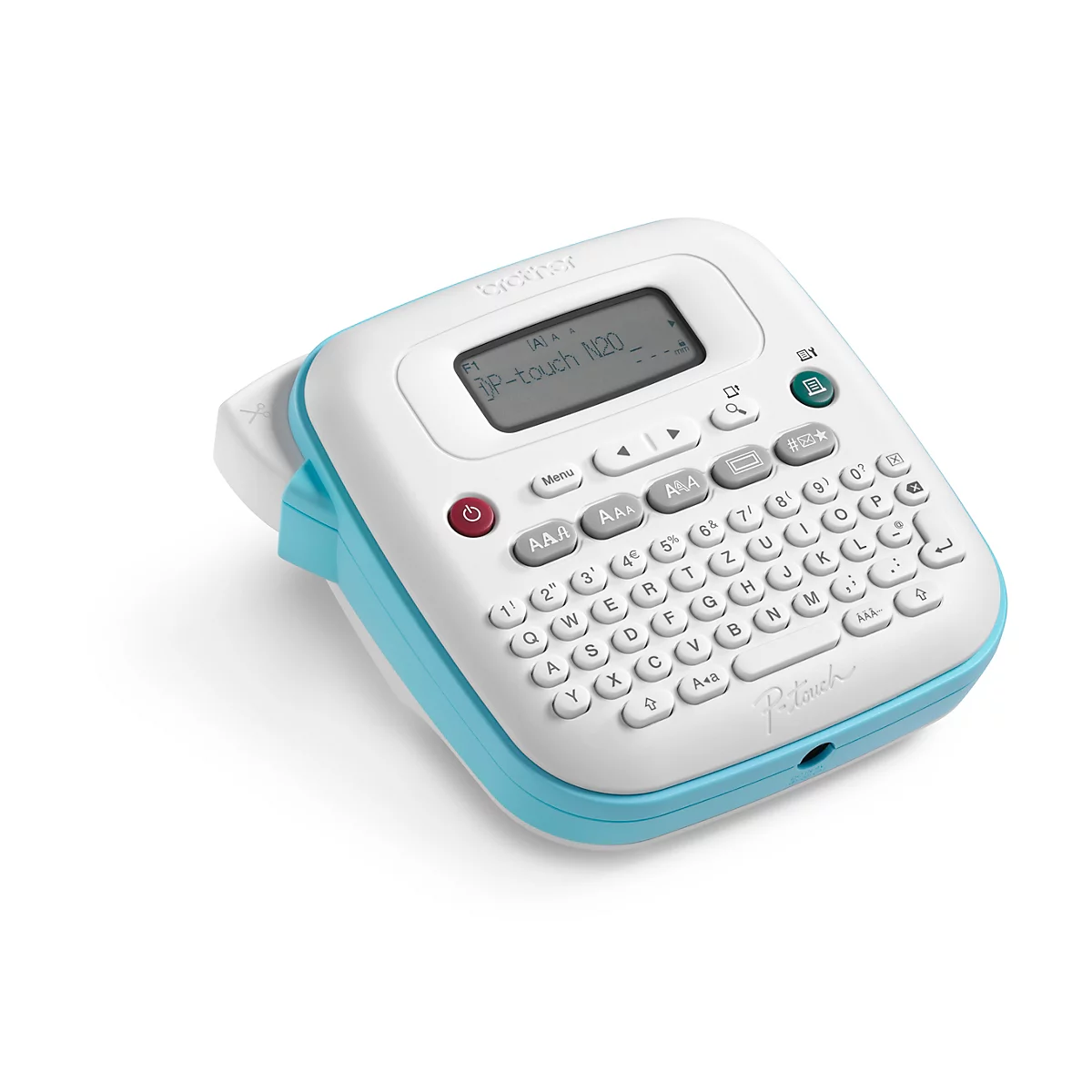 Lichtblauw en witte labelmaker. Het heeft een toetsenbord, display en rode, grijze en groene knoppen. Op het display staat "P-touch 100".