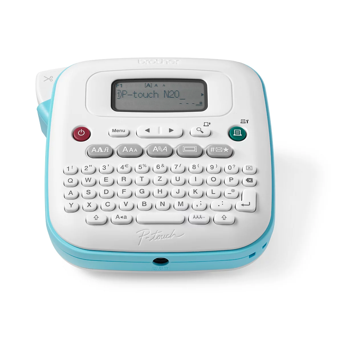 Wit en blauw labelmaker. Zwart scherm, toetsenbord met letters en cijfers. Gedrukt 'P-touch N20'.