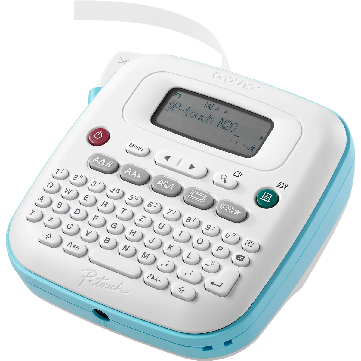 Wit en lichtblauwe labelprinter met display en toetsenbord. Op het display staat "P-touch N20".