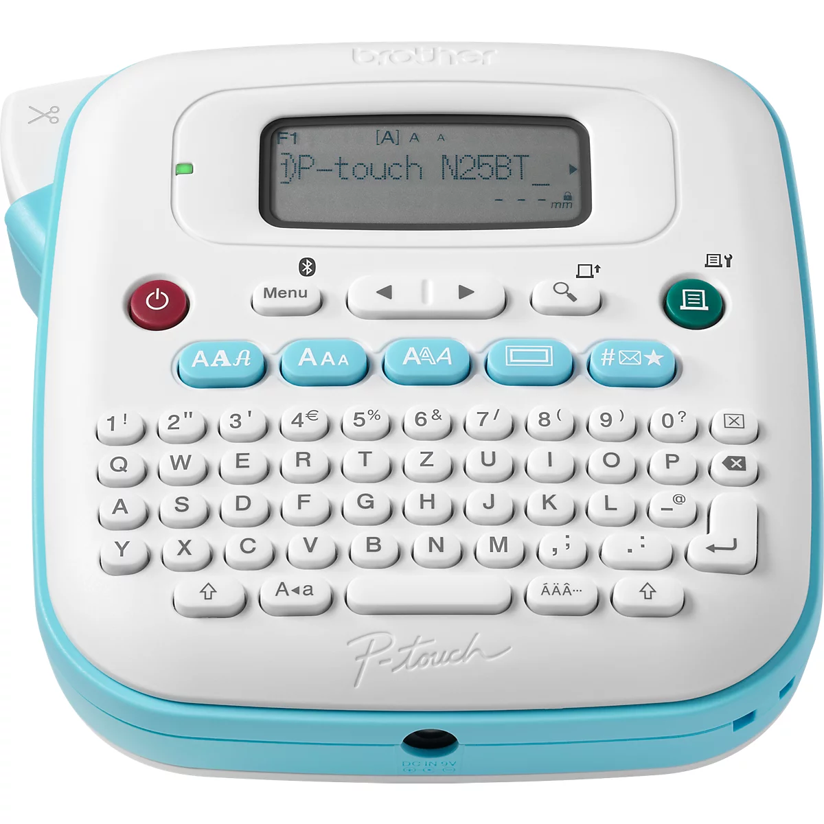 Lichtblauwe en witte labelmaker met toetsenbord, display en P-touch letters. Het display toont 'P-touch N25BT'.