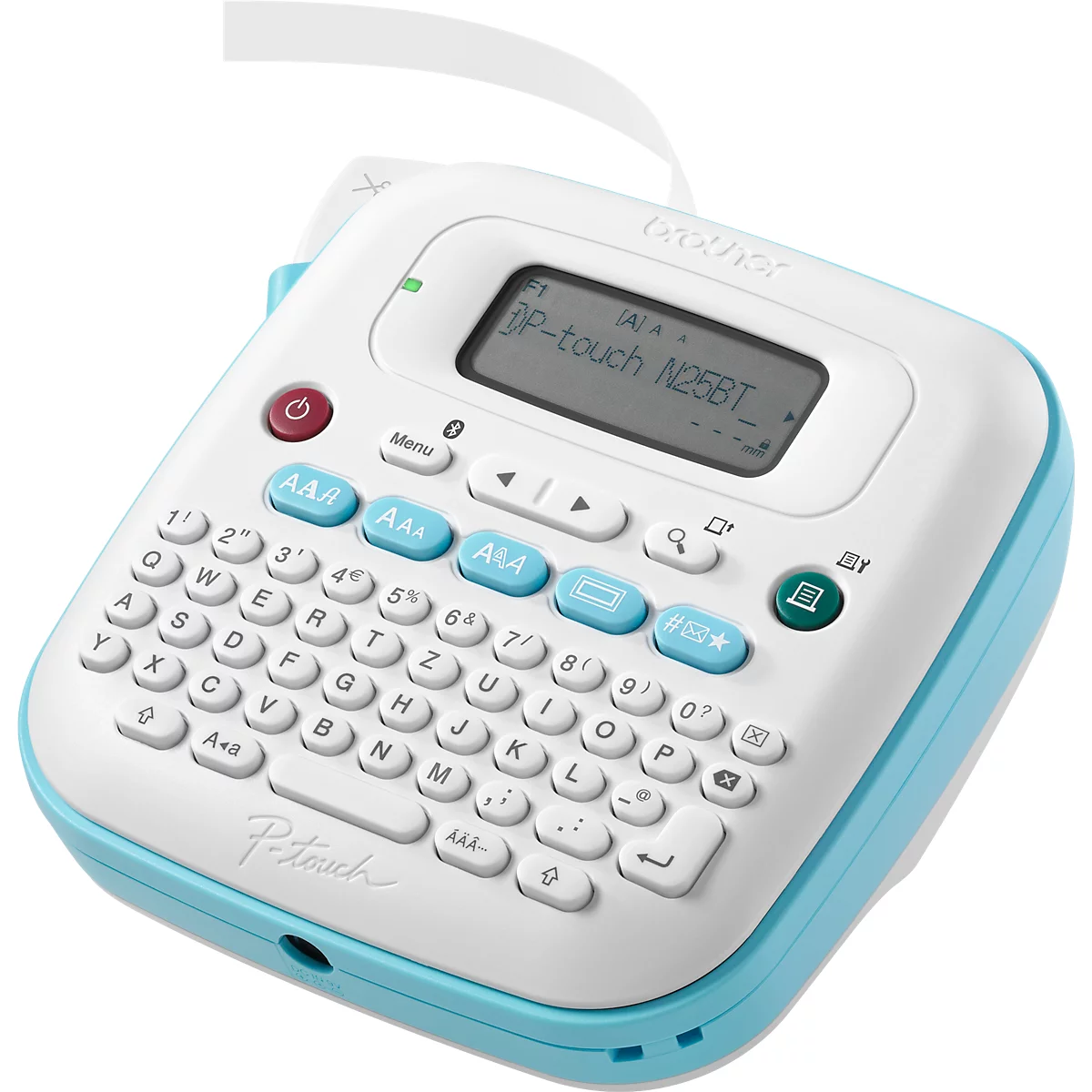 Wit en lichtblauw labelmaker. Het display leest "P-touch N25BT". Toetsenbord met letters en cijfers, evenals functieknoppen.