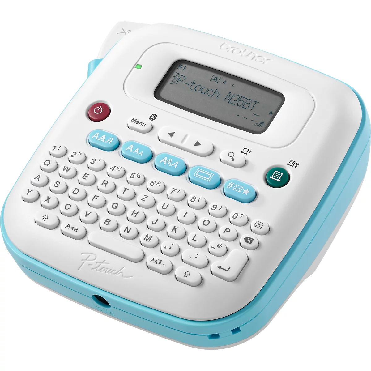 Een witte en lichtblauwe labelmaker met een toetsenbord en display. "Brother" staat bovenaan en "P-touch N25BT" op het display.