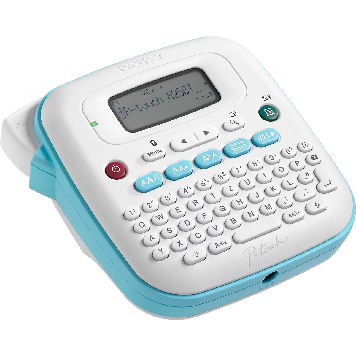 Een witte en lichtblauwe labelmaker met een scherm en toetsenbord. Op het scherm staat 'P-touch N25BT'.