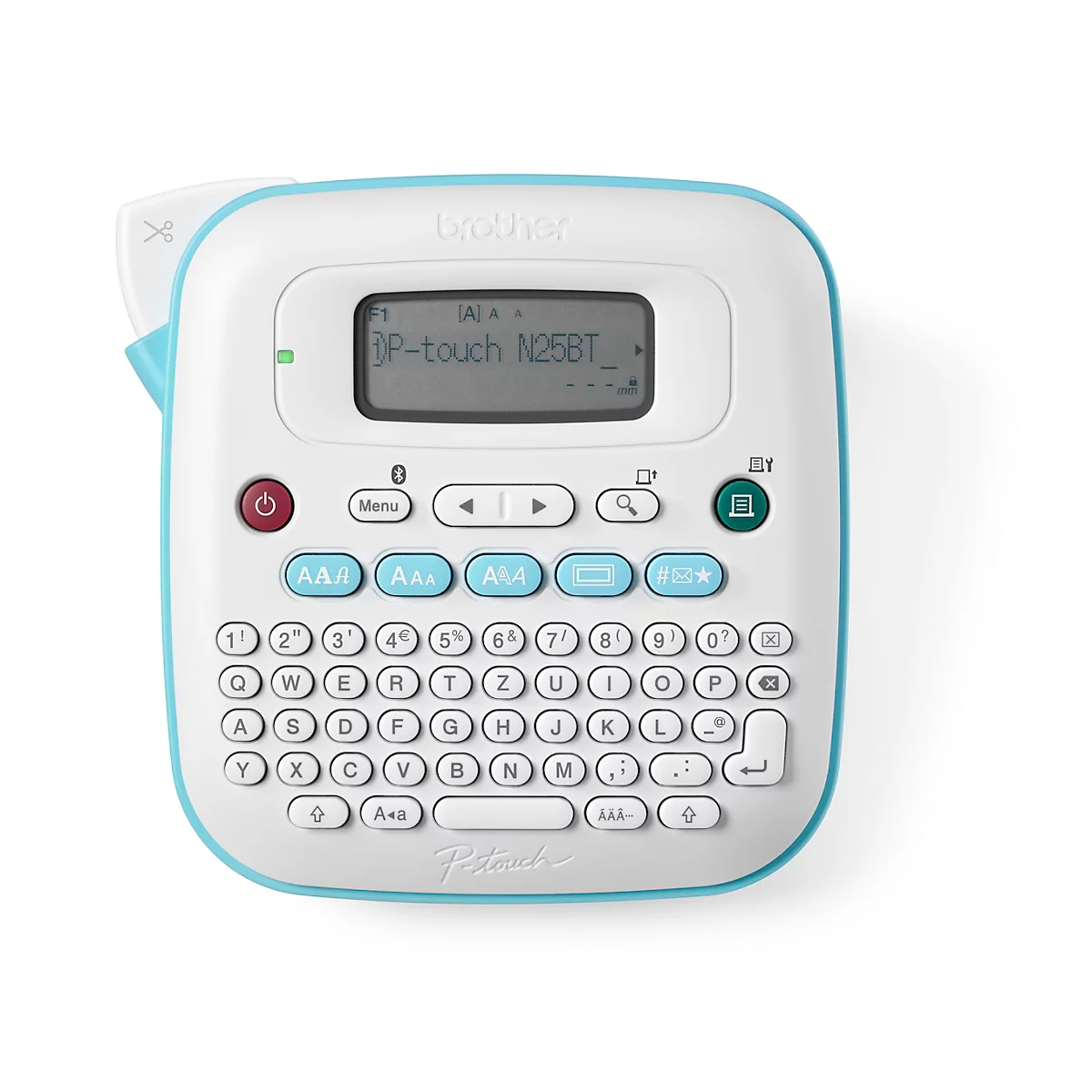 Een witte Brother P-touch N25BT labelmaker met een blauwe rand en knoppen. Op het display staat P-touch N25BT.