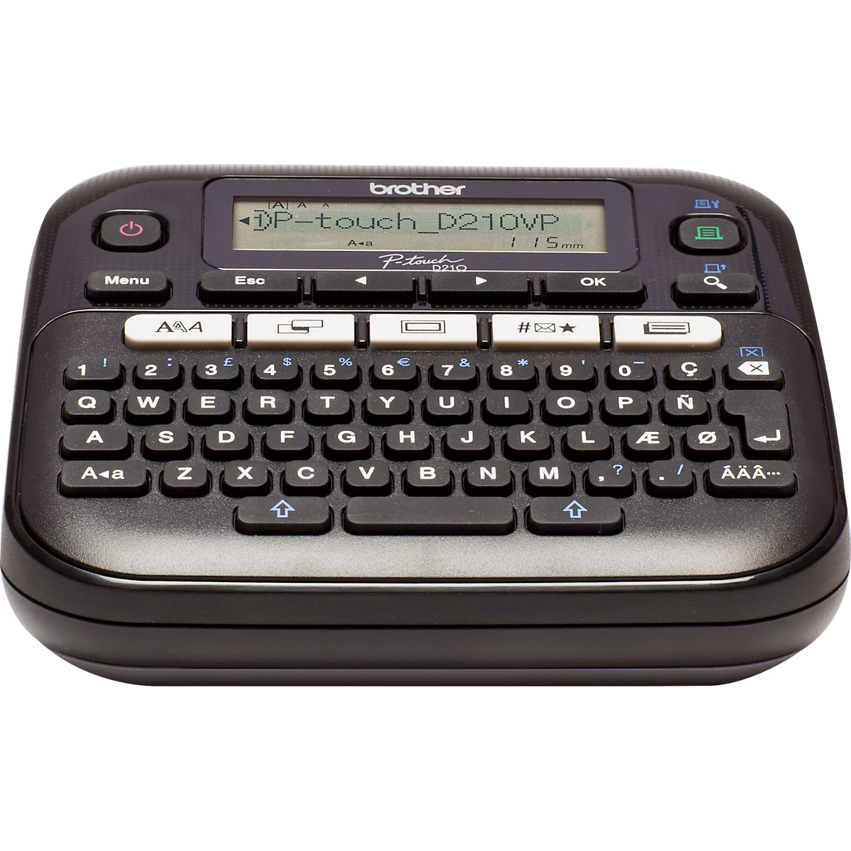 Étiqueteuse noire Brother, avec touches et écran.