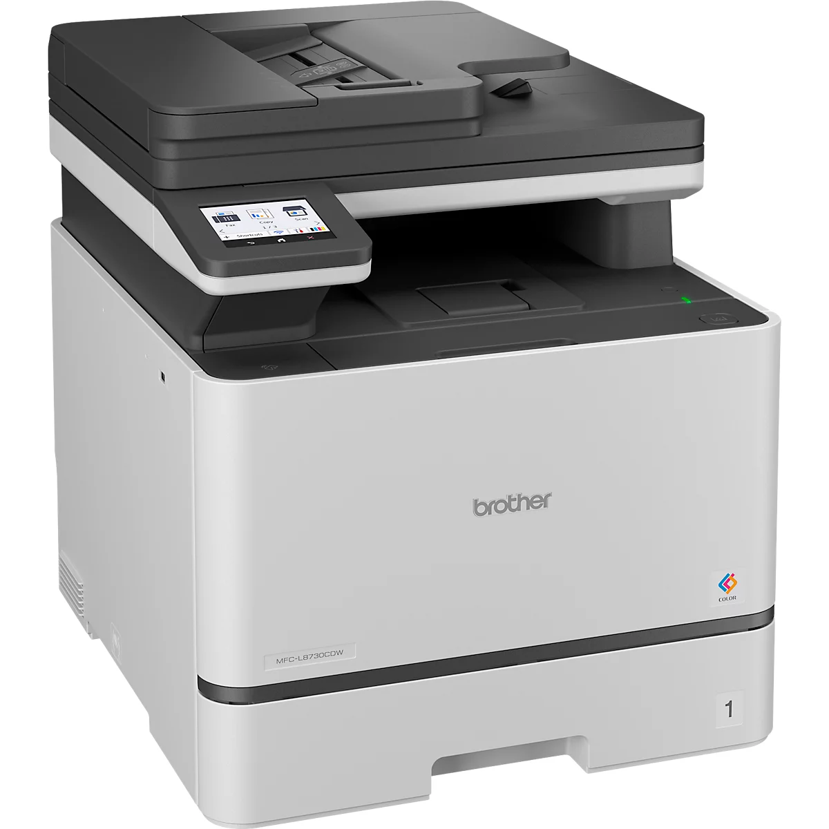 Kompakter weiß-grauer Brother Multifunktions-Laserdrucker mit Touchscreen-Display vor neutralem Hintergrund.