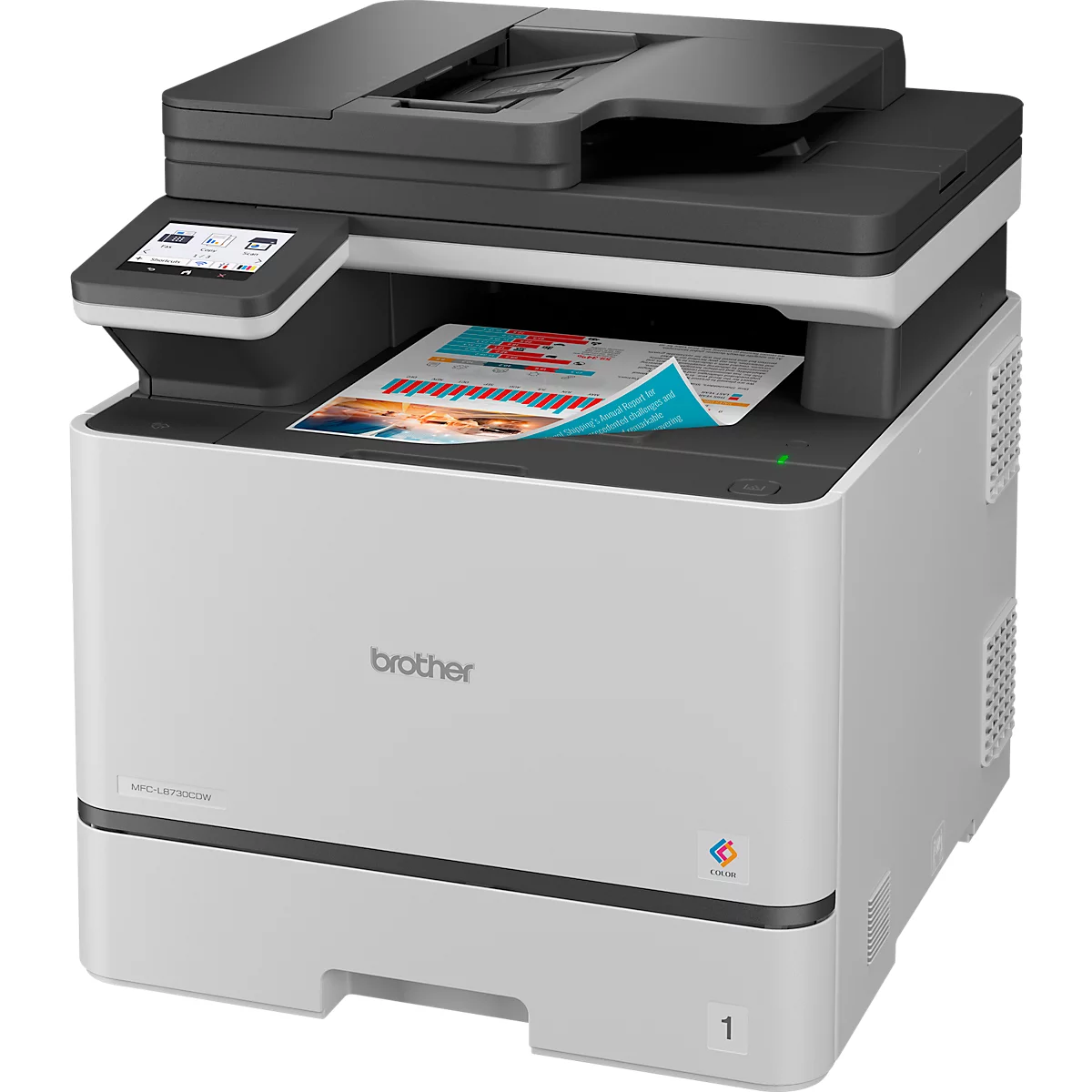 Ein weiß-grauer Brother Laserdrucker mit Touchscreen und bedrucktem Blatt Papier im Ausgabefach.