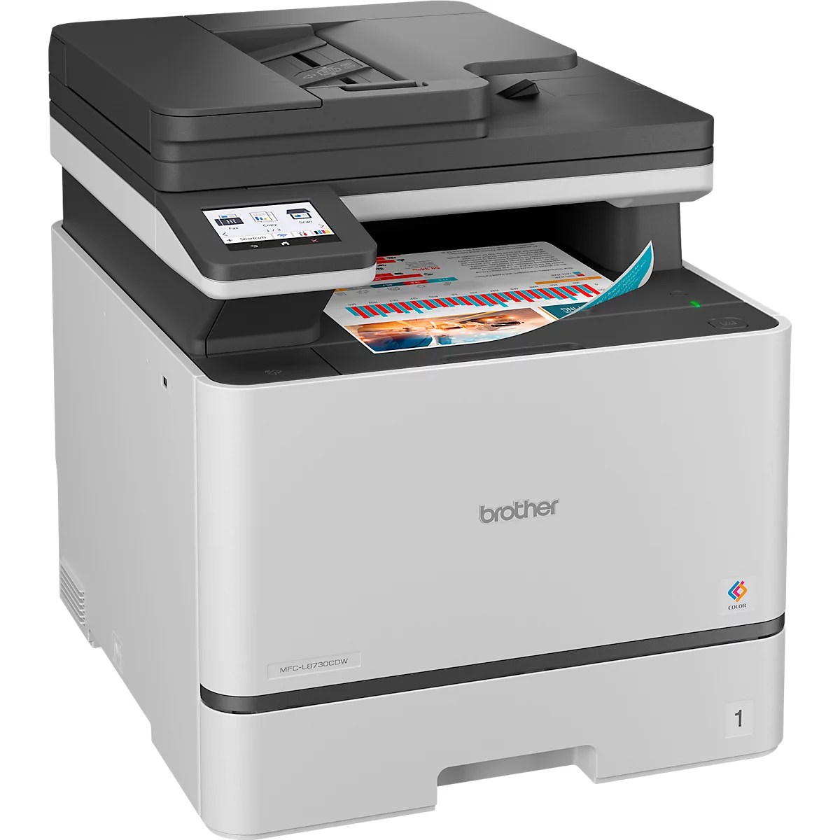 Brother Multifunktions-Laserdrucker in Weiß und Grau mit Touchscreen und bedrucktem Blatt im Ausgabefach.