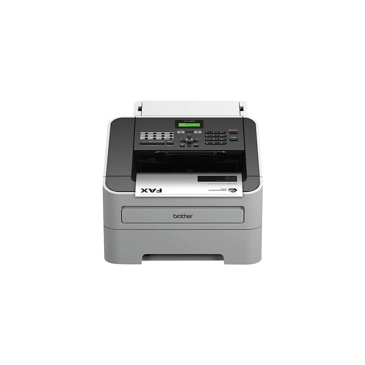 Ein Faxgerät, graues Gehäuse, Papierauswurf. Auf dem Display sind Informationen zu sehen. Papier mit FAX-Schriftzug.