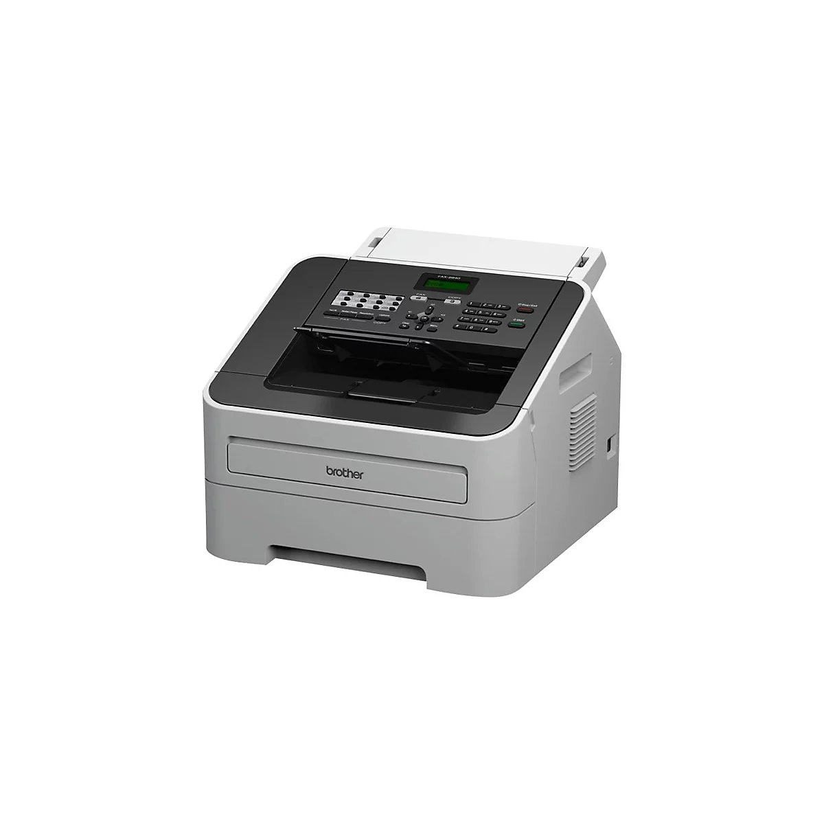 Ein weiß-schwarzer Brother Fax-Drucker. Bedienfeld mit Knöpfen, Papierausgabe unten, Beschriftung.
