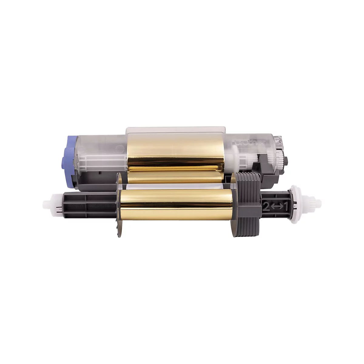 Goldene Brother Thermotransferrolle in einer Kunststoffhalterung vor weißem Hintergrund.