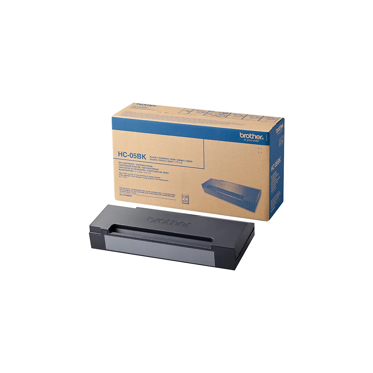 Une cartouche de toner Brother noire et sa boÃ®te en carton, avec des impressions, sur fond blanc.