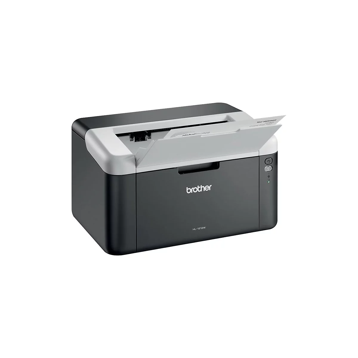 Schwarz-grauer Brother-Laserdrucker mit offenem Ausgabefach, Papier wird gedruckt. Rechts: Ein/Aus-Taste und Kontrollleuchten.