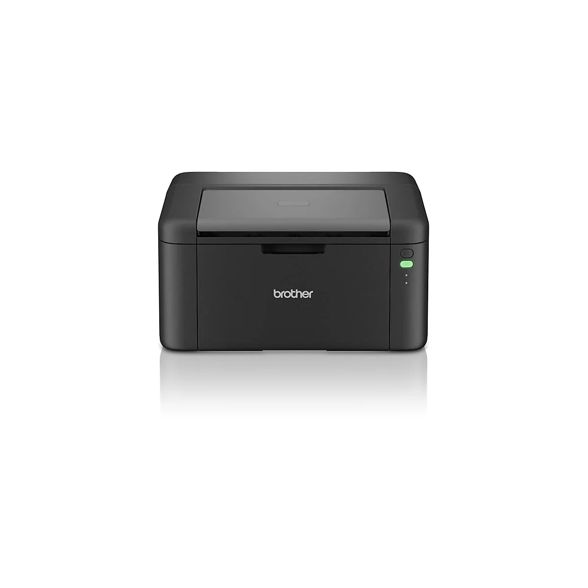 Schwarzer Brother Laserdrucker, Frontansicht, Logo und Kontrollleuchten sichtbar.