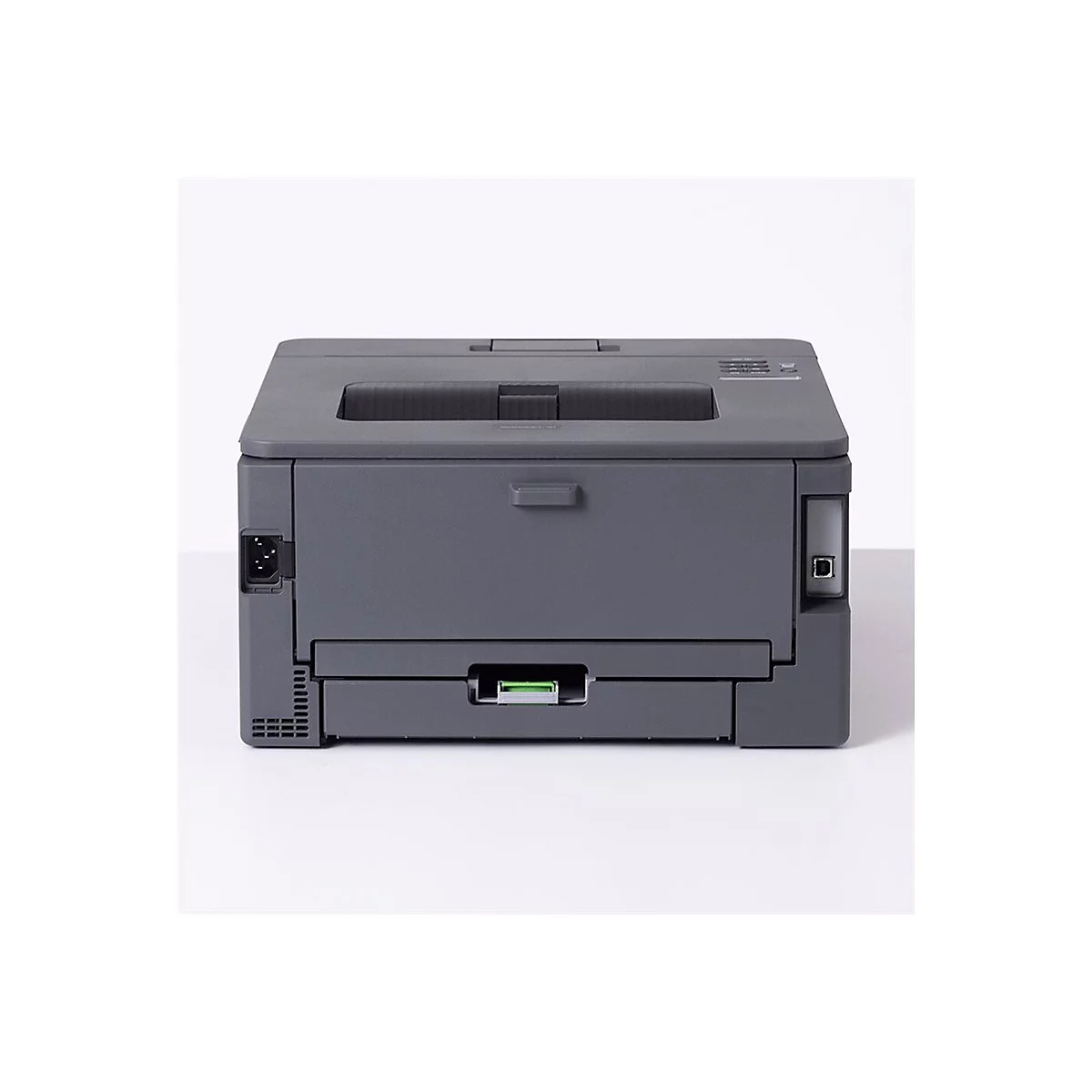 Grauer Laserdrucker von hinten mit Strom- und USB-Anschluss vor weißem Hintergrund.