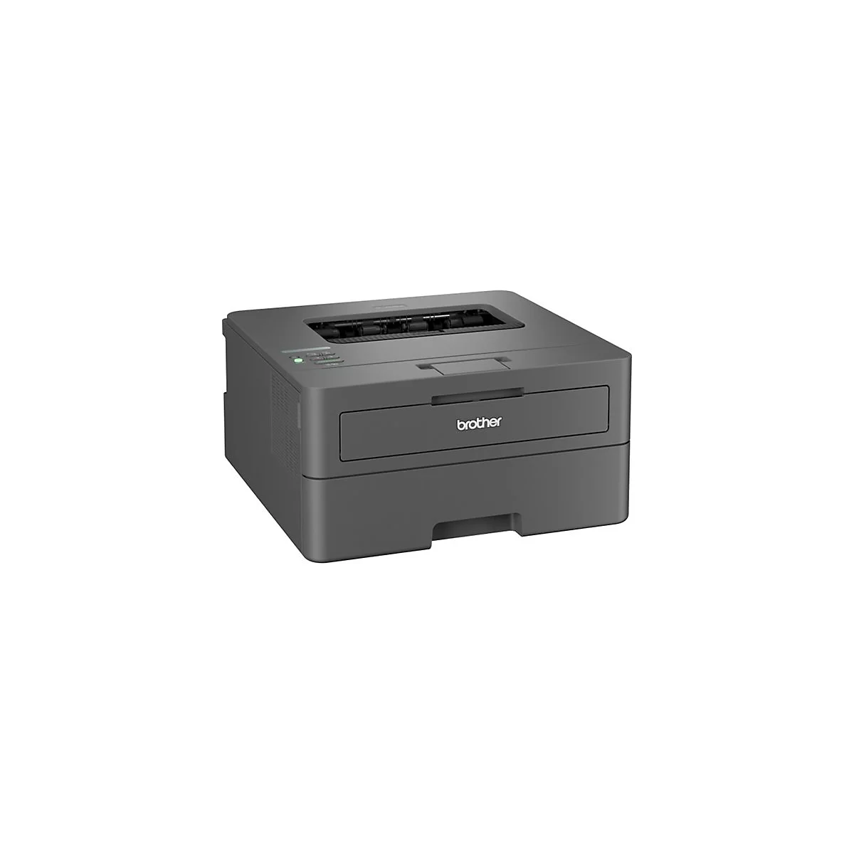 Grauer Brother Laserdrucker vor weißem Hintergrund mit Tastenfeld und Papierfach.