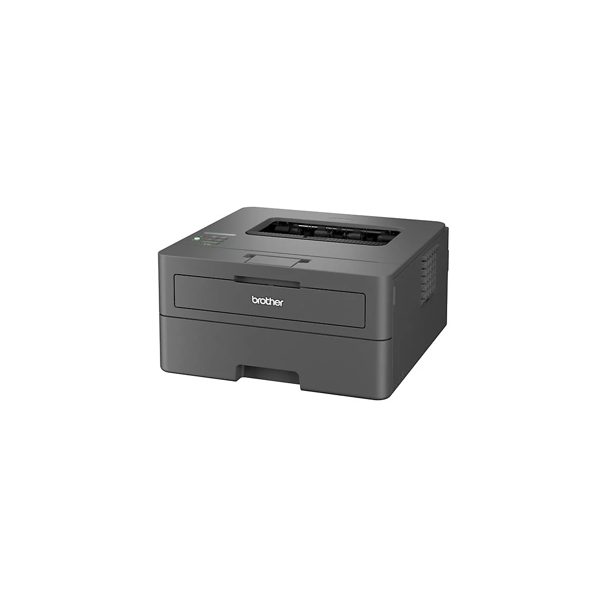 Grauer Brother Laserdrucker vor weißem Hintergrund.