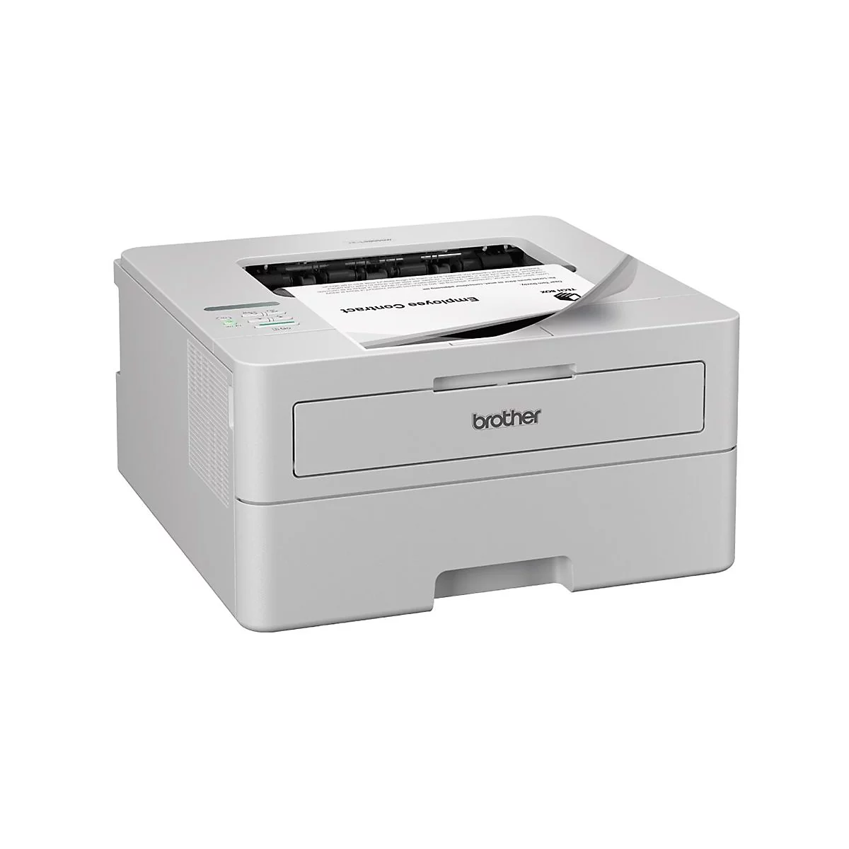 Weißer Brother Laserdrucker auf weißem Hintergrund, der ein Blatt Papier mit dem Text Employee Contract ausgibt.