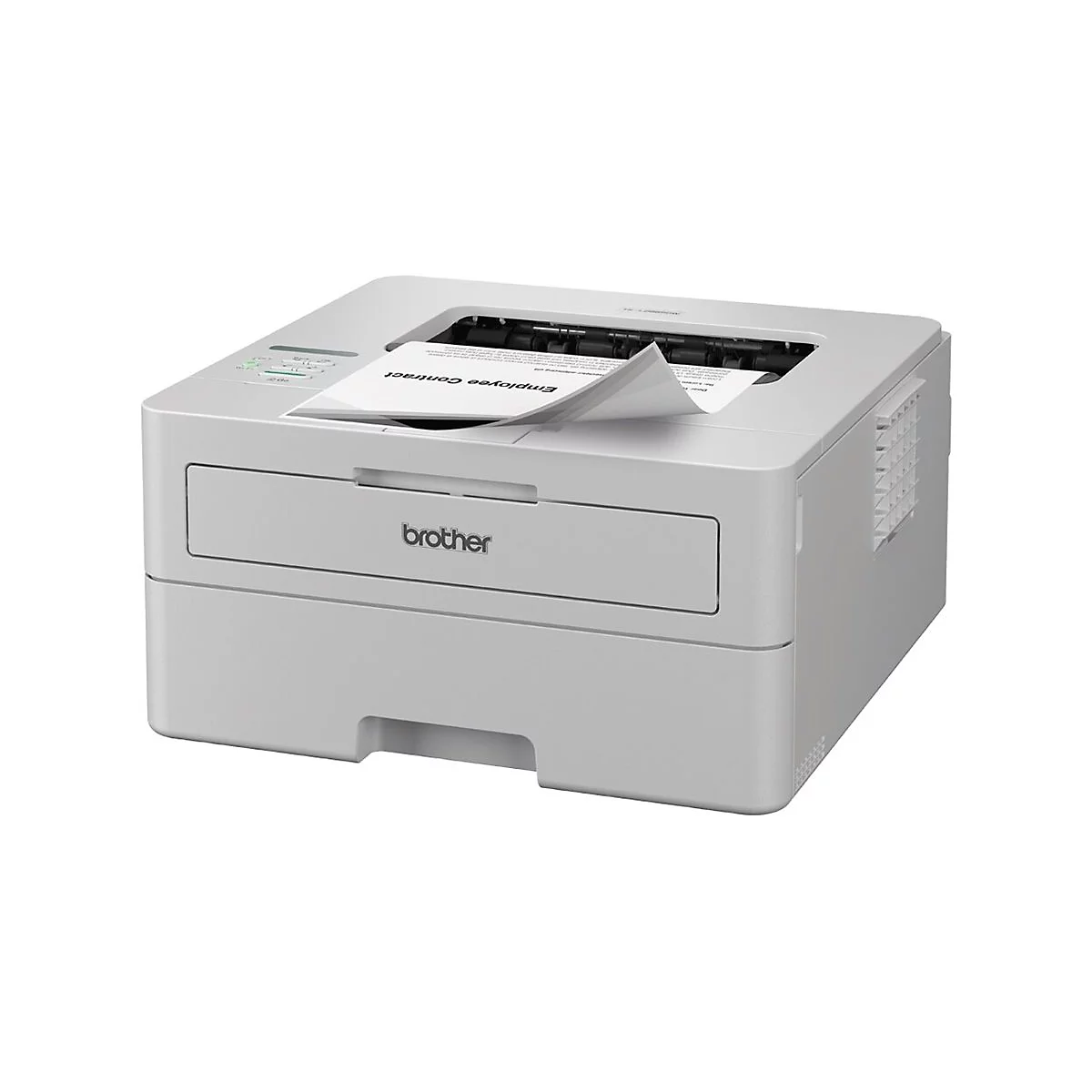 Kompakter, weißer Brother Laserdrucker auf weißem Hintergrund mit einem ausgedruckten Arbeitsvertrag im Ausgabefach.