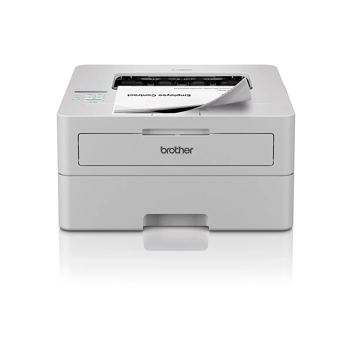 Ein weißer Brother Laserdrucker druckt ein Dokument mit der Aufschrift Employee Contract vor weißem Hintergrund.