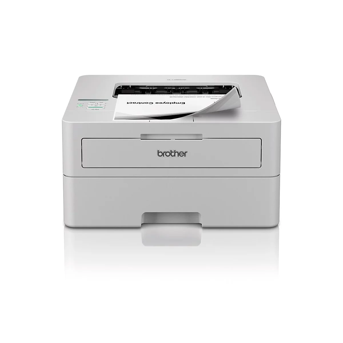 Kompakter weißer Brother Laserdrucker vor neutralem Hintergrund mit einem gedruckten Arbeitsvertrag im Ausgabefach.